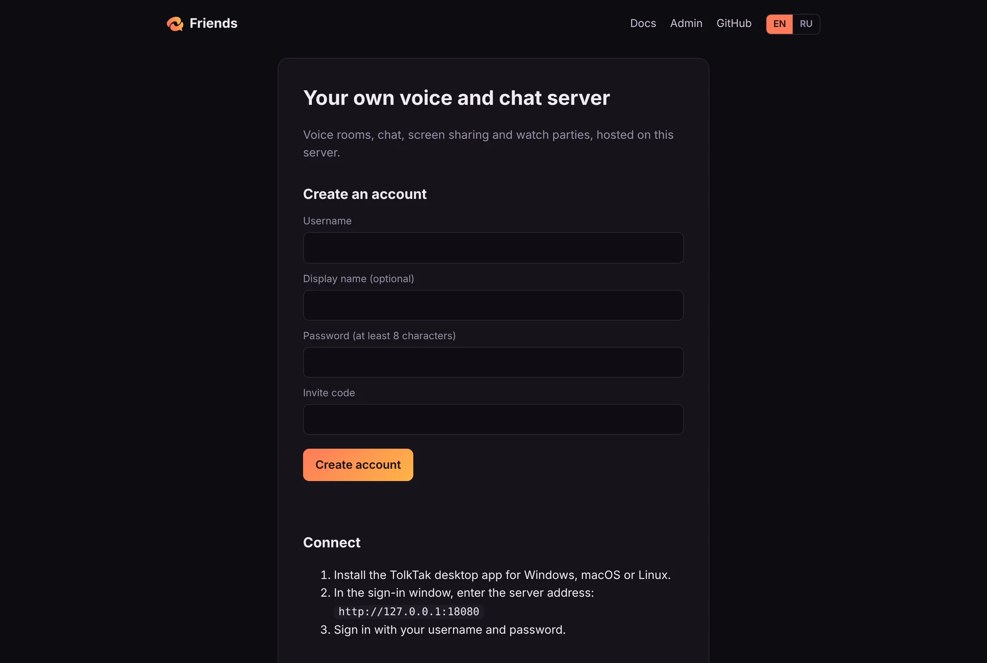 The server's own website with registration