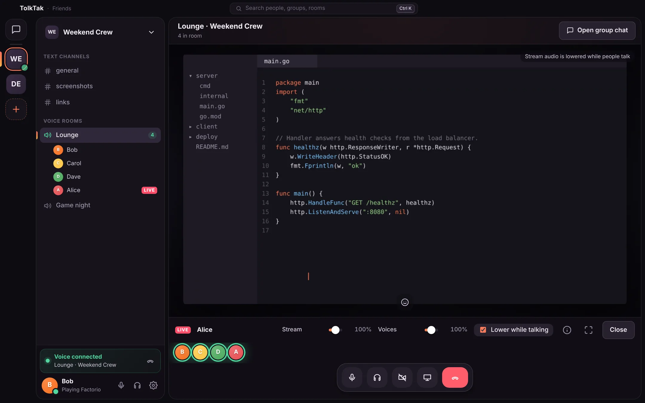 Watching a screen share in a voice room